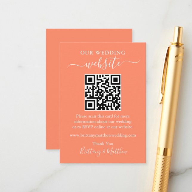 Minimalist Simple Wedding Website QR Coral Enclosure Card (Front/Back In Situ)