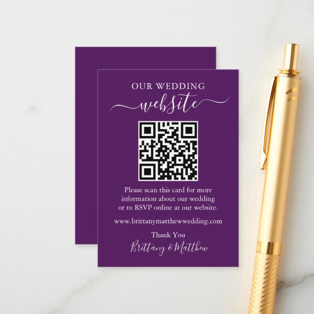 Minimalist Simple Wedding Website QR Purple Enclosure Card (Front/Back In Situ)
