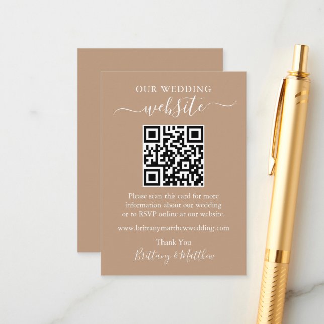 Minimalist Simple Wedding Website QR Taupe Enclosure Card (Front/Back In Situ)