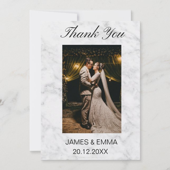 Minimalist Simple White Marble wedding photo Thank You Card (Front)