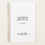 Minimalist Simple White Monogram Name 2023 Planner<br><div class="desc">Girly Feminine Minimalist Simple Clean White Monogram Name Signature Script Custom Personalized 2023 or any year Planner. This design featuring your first name in a pretty hand lettered style swash tail font signature typography (or calligraphy) in black on white color background. These are easy to customize it. Great stylish feminine...</div>
