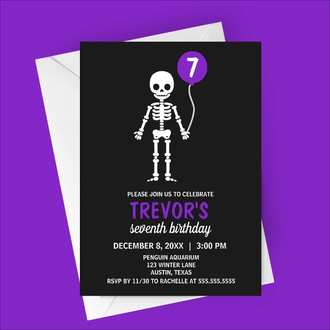 Minimalist Skeleton Balloon Birthday Invitation (Purple Minimalist Skeleton Halloween Birthday Party Invitation)