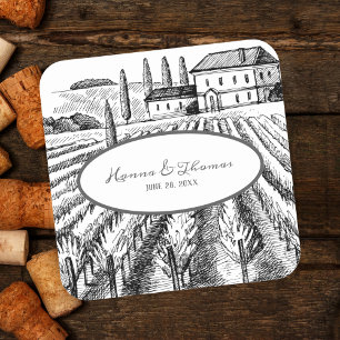 Minimalist Sketch Vintage Winery Vineyard Wedding Square Sticker