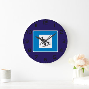 Minimalist Ski Lift Symbol With Blue Border Large Clock