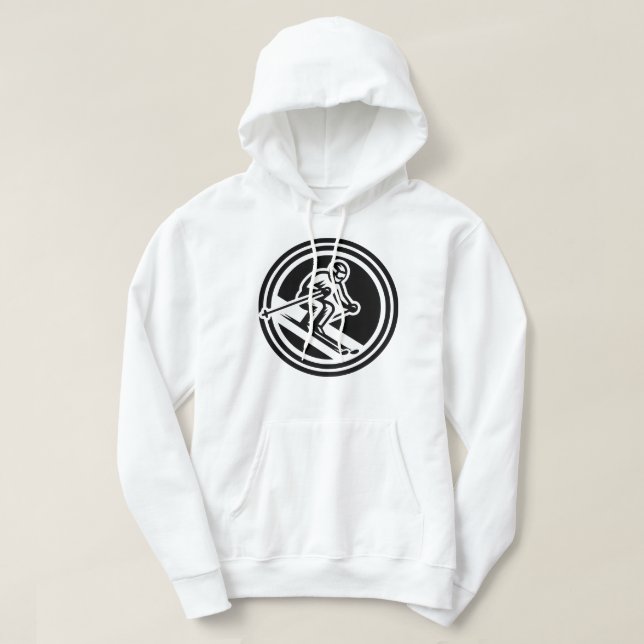 Minimalist Skier Racing Downhill Black and White Hoodie (Design Front)