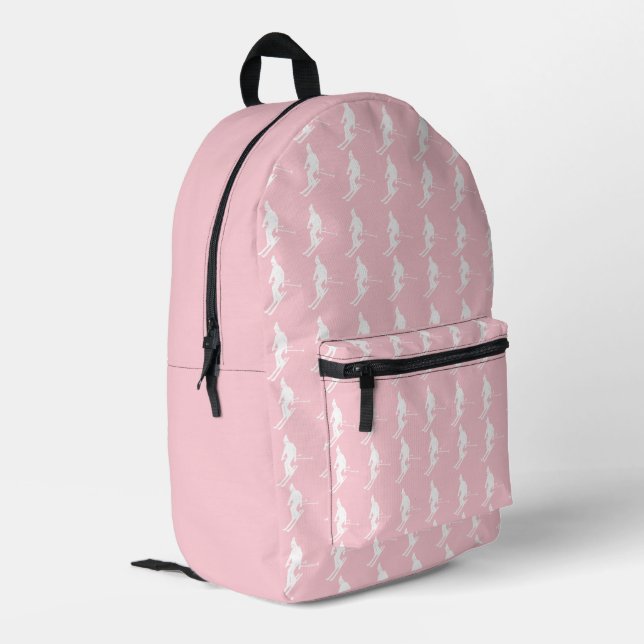 Minimalist Skiers Winter Pattern Pink Printed Backpack (Back Corner Left)