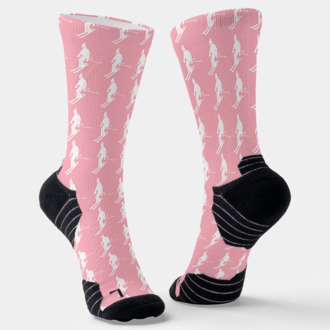 Minimalist Skiers Winter Pattern Pink White Socks (Angled)