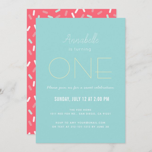 Minimalist Sky Blue x Red Girl 1st Birthday Invitation (Front/Back)