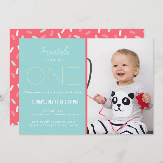 Minimalist Sky Blue x Red Girl Photo 1st Birthday Invitation (Front/Back)
