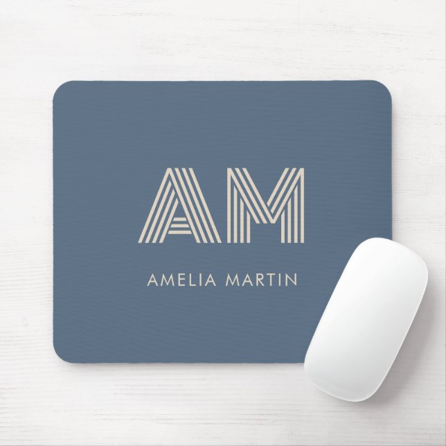 Minimalist Slate Blue and Sand Beige Monogram Mouse Pad (With Mouse)
