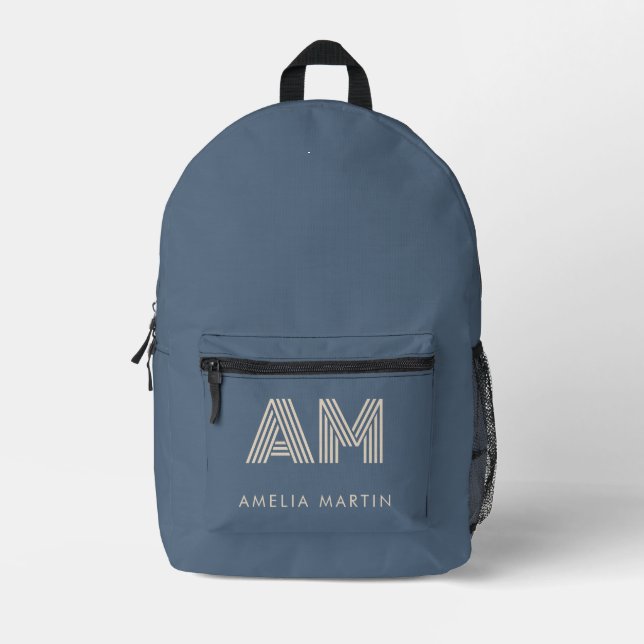 Minimalist Slate Blue Monogram  Printed Backpack (Front)