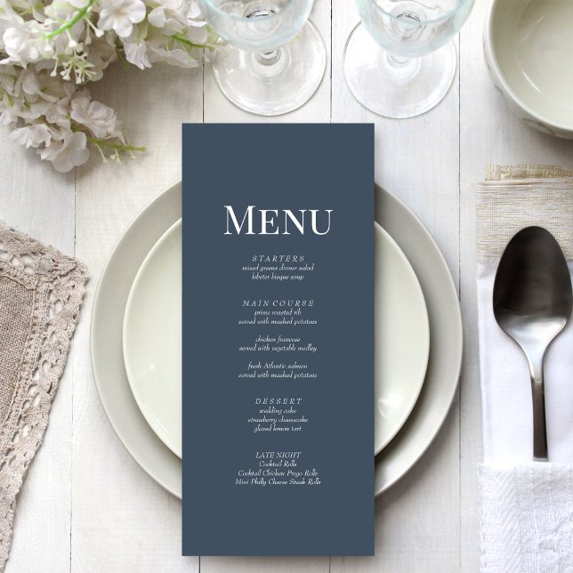 Minimalist Slate Blue Monogram Wedding Menu Card (Minimalist Slate Blue Monogram Wedding Menu Card on a beautiful white wedding dinner table.)