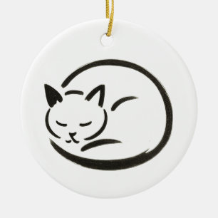 Minimalist Sleeping Cat – Ink Brush Design on Ceramic Ornament