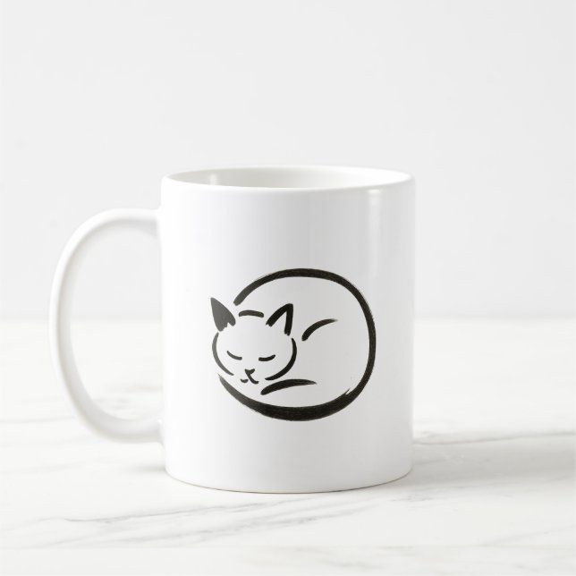 Minimalist Sleeping Cat – Ink Brush on Coffee Mug (Left)