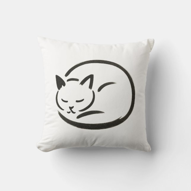 Minimalist Sleeping Cat – Ink Brush on Cushion (Front)