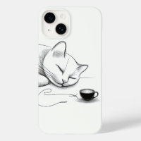 Minimalist Sleeping Cat Line Art & Heart Latte - C