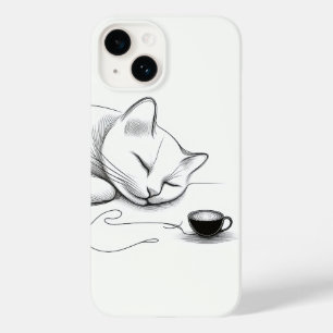Minimalist Sleeping Cat Line Art & Heart Latte - C Case-Mate iPhone 14 Case