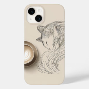 Minimalist Sleeping Cat Line Art & Heart Latte - C Case-Mate iPhone 14 Case