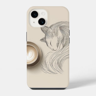 Minimalist Sleeping Cat Line Art & Heart Latte - C iPhone 14 Case