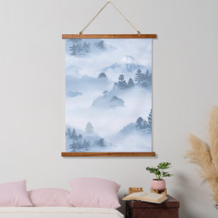 Minimalist Snow-Covered Mountains Blue White Hanging Tapestry