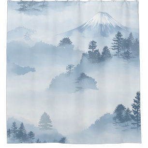 Minimalist Snow-Covered Mountains Blue White Shower Curtain