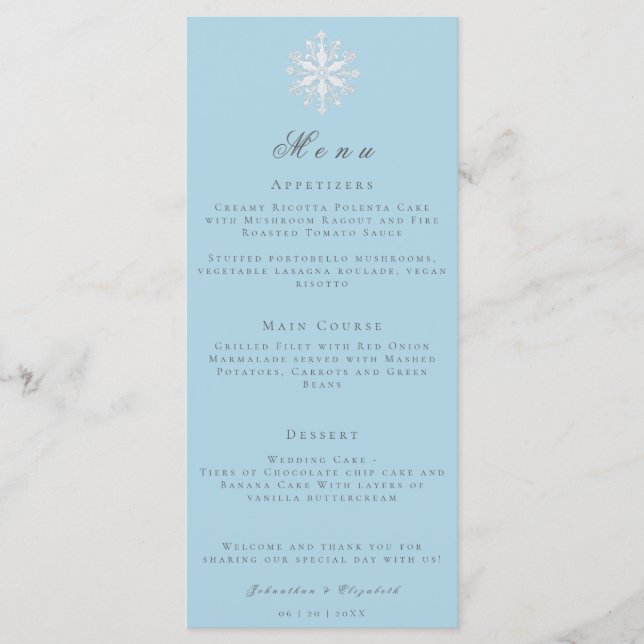 Minimalist Snowflake | Ice Blue Wedding Menu (Front)