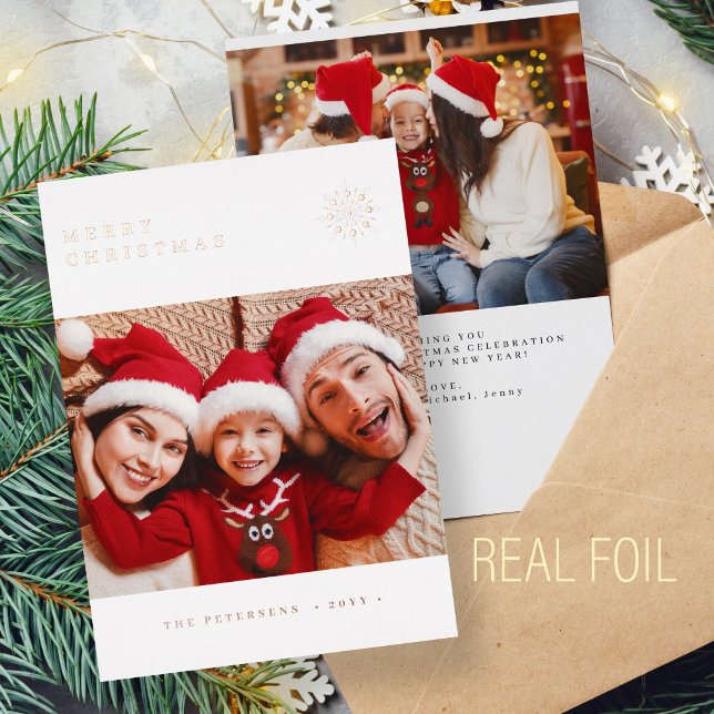 Minimalist snowflake Merry Christmas photo Foil Holiday Card (Creator Uploaded)