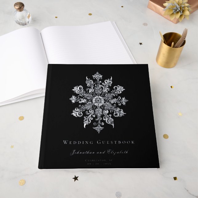 Minimalist Snowflake Wedding | Black Guest Book (Front Open)