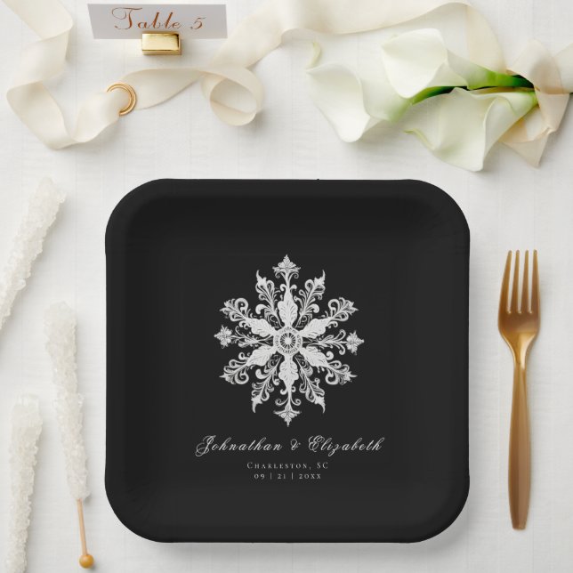 Minimalist Snowflake Wedding | Black Paper Plate (Wedding)