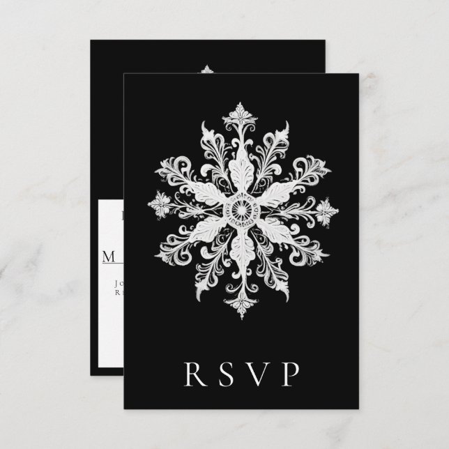 Minimalist Snowflake Wedding | Black RSVP Card (Front/Back)