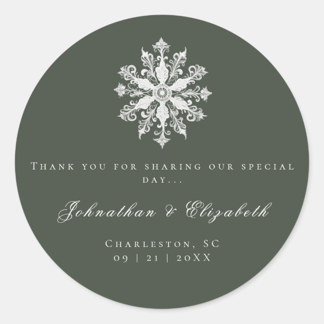 Minimalist Snowflake Wedding | Green Favour Classic Round Sticker (Front)