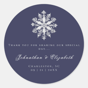 Minimalist Snowflake Wedding   Navy Blue Favour Classic Round Sticker