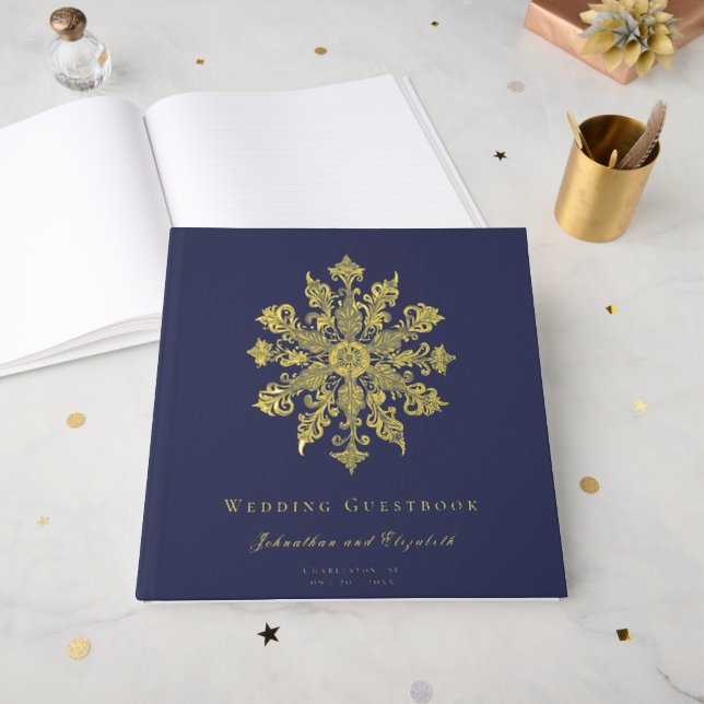 Minimalist Snowflake Wedding | Navy Blue Guest Book (Front Open)