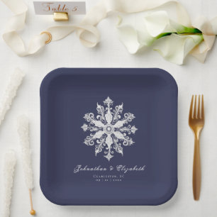 Minimalist Snowflake Wedding Navy Blue Paper Plate