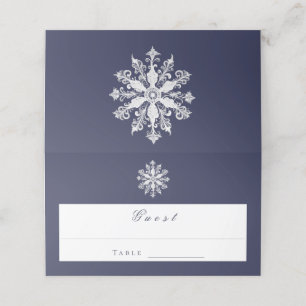 Minimalist Snowflake Wedding   Navy Blue Place Card