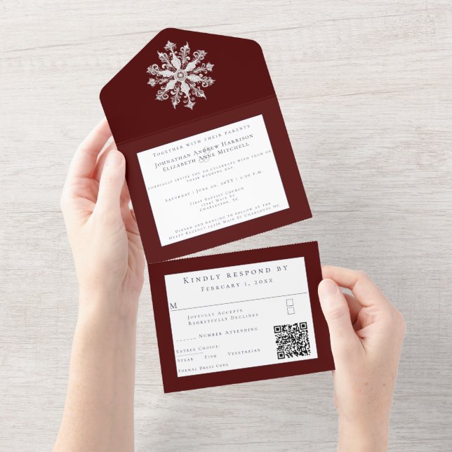 Minimalist Snowflake Wedding | Red All In One Invitation (Tearaway)