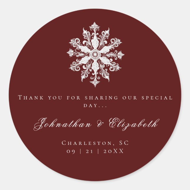 Minimalist Snowflake Wedding | Red Favour Classic Round Sticker (Front)