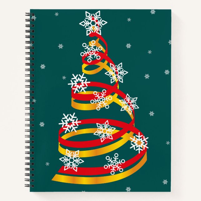 Minimalist Snowflakes Ribbon Christmas Tree Notebook (Front)