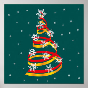 Minimalist Snowflakes Ribbon Christmas Tree Poster