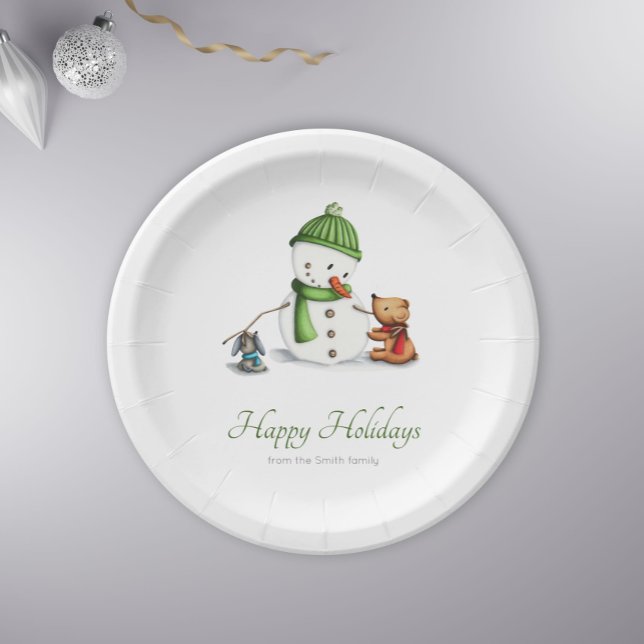 Minimalist Snowman Bear and Dog Christmas Family Paper Plate (Creator Uploaded)