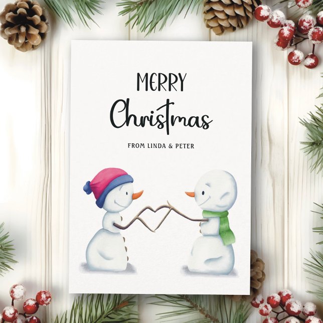 Minimalist Snowmen Couple Merry Christmas Holiday Card (Creator Uploaded)