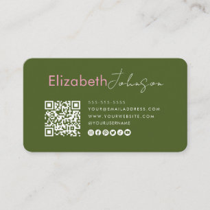 Minimalist Social Media Qr Code Moss Green Pink Business Card