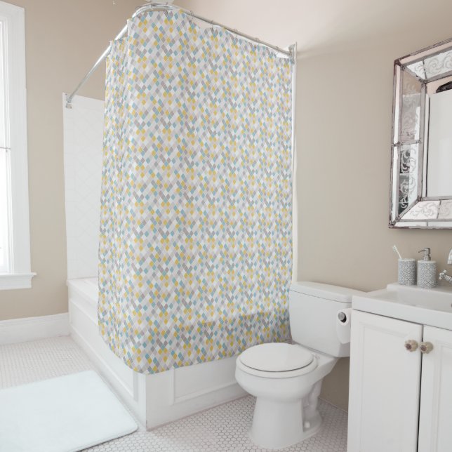 Minimalist Soft Blue Off-white Gold Pattern Shower Curtain (In Situ)