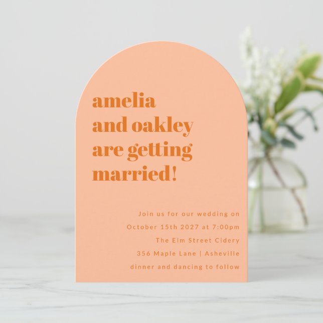 Minimalist Soft Peach Orange Retro Wedding Arch Invitation (Standing Front)
