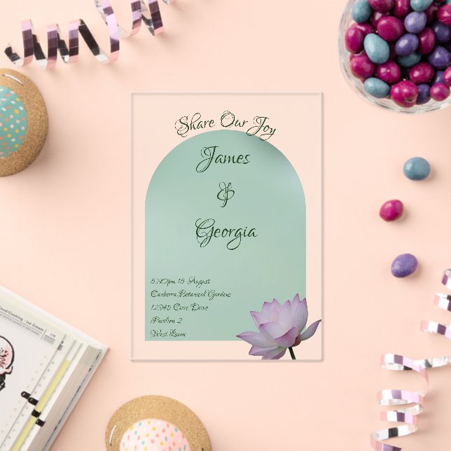 Minimalist soft pink & green lotus wedding acrylic invitations (Insitu (Celebration))