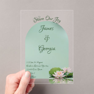 Minimalist soft pink & green lotus wedding acrylic invitations