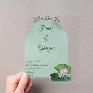Minimalist soft pink & green lotus wedding acrylic invitations