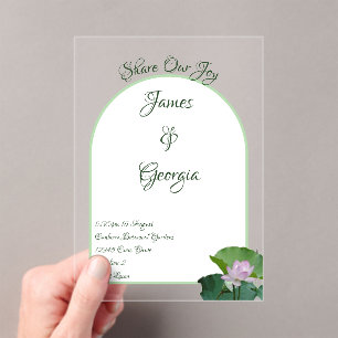 Minimalist soft pink & green lotus wedding acrylic invitations