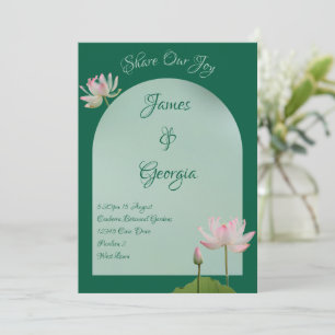 Minimalist Soft Pink & Green Lotus Wedding Invitation