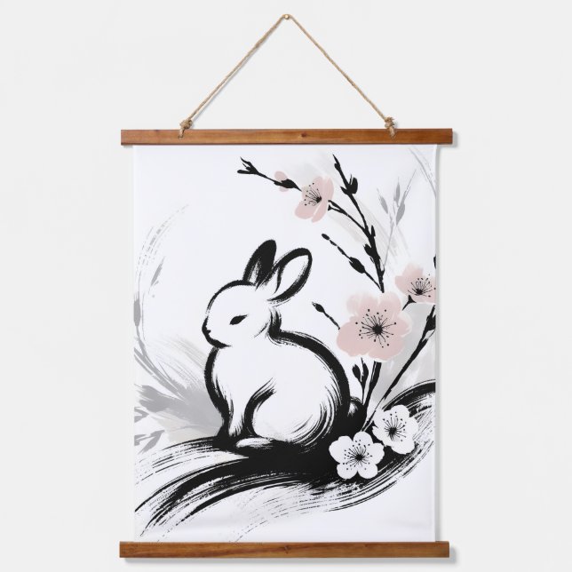 Minimalist Spring Zen Rabbit Cherry Blossoms Hanging Tapestry (Front)